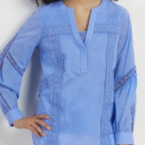 Soft Surroundings Trianon Blouse Women 2X Crochet Lace Dusty Blue Boho Hippie - Picture 1 of 15